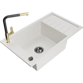 Mexen Elias гранитна кухненска мивка с една купа и отцедник и кухненски смесител Flora, бял - 6511-20-670401-57-B (6511-20-670401-57-B)