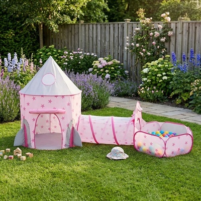 Pepita Палатка за игра Pepita с тунел и басейн с топки 325x135x105cm - Розова (KF-PT10535)