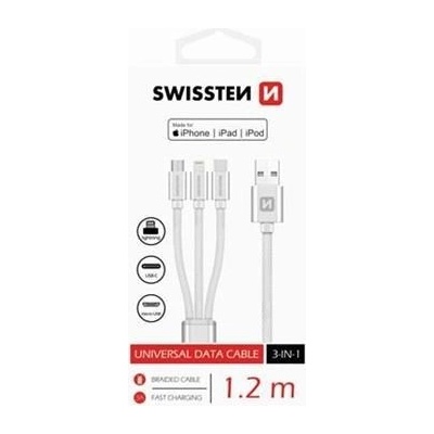 Swissten kabel Textile 3in1 mFi 1,2 m, stříbrná