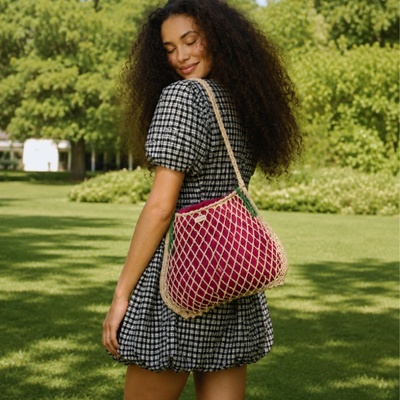 Studio Noos MACRAME MOM BAG síťka Natural & vnitřní taška Purple Green