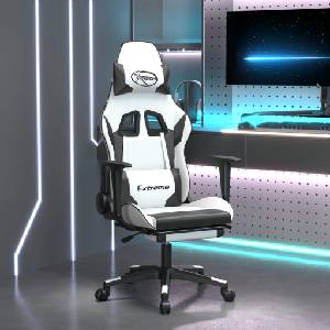 vidaXL Гейминг стол с опора за крака, бяло и черно, изкуствена кожа (3143709)