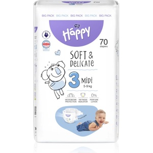 Bella Baby Happy Soft&Delicate еднократни пелени с каналчета Midi 5-9 kg 70 бр