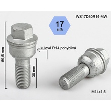 Šroub na kola M14x1,5x30 koule R14 pohyblivá, klíč 17