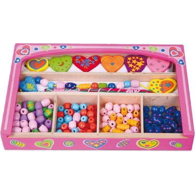Viga Toys Дървен комплект Viga - Мъниста за нанизване в кутия, Сърца (52729)