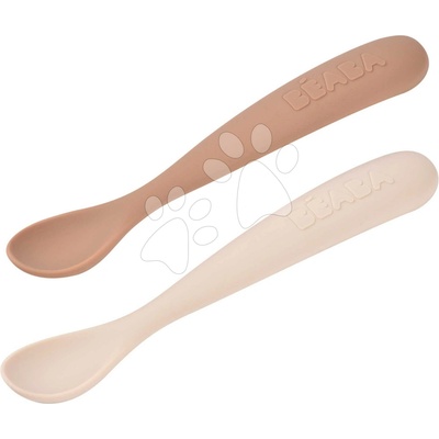 Prvé tréningové lyžičky First Age Silicone Spoons Clay Duo Beaba zo silikónu na samostatné jedenie v praktickom obale 2 kusy hnedé od 4 mes
