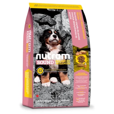 Nutram S3 Nutram Sound Balanced Wellness® Large Breed Natural Puppy Food, Рецепта с пилешко, лющен ечемик, грах и моркови, за подрастващи кученца от ЕДРИ ПОРОДИ от 3 до 18 месецa, Канада - 13, 6 кг