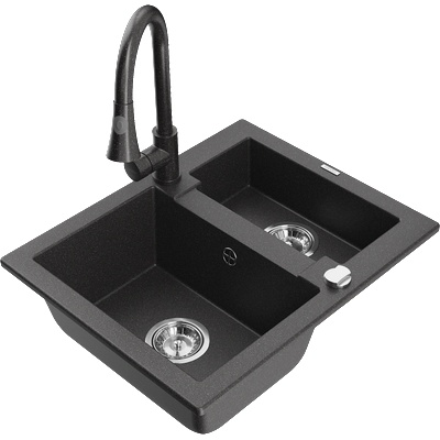 Mexen Carlos гранитна кухненска мивка 1, 5-коморна с кухненски смесител Elia, черно на точки - 6518-76-670101-76 (6518-76-670101-76)