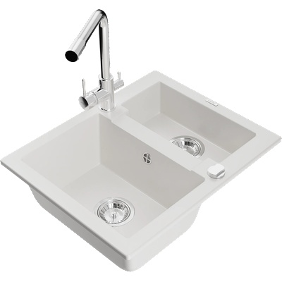 Mexen Carlos 1, 5-камерна гранитна мивка с кухненски смесител Duero, бял - 6518-20-671600-00 (6518-20-671600-00)