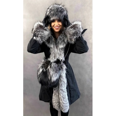 Max Original Leather Textilný kabát s kožušinou pravej líšky ANKARA FUR black-silver