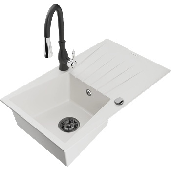 Mexen Cesar мивка от гранит 1-коморна с отцедник и кухненски смесител Savita, бял - 6514-20-672601-70 (6514-20-672601-70)