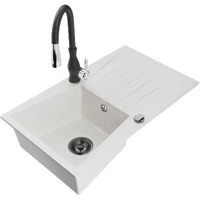 Mexen Cesar мивка от гранит 1-коморна с отцедник и кухненски смесител Savita, бял - 6514-20-672601-70 (6514-20-672601-70)