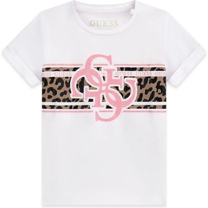 GUESS Бяла тениска за мини момиче с леопардови детайли и розово лого Guess