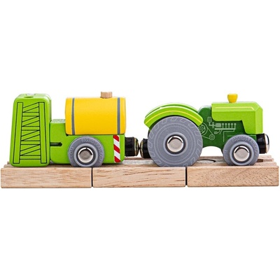 Bigjigs Drevené vláčiky Traktor s vlečkou zelený