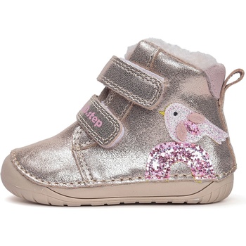 D.D.Step W070-52624A dětské barefoot zimní boty s kožíškem ptáček krémová šedá