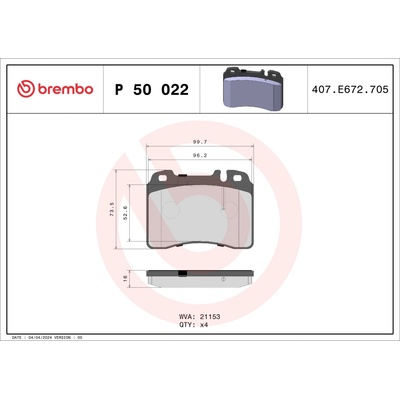 Sada brzdových platničiek, vždy 4 kusy v sade BREMBO P 50 022 (P50022)