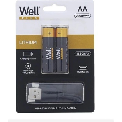 Well Акумулаторна батерия WELL, презареждаща се с USB-C кабел, микрокерамична (AA) 1660mAh, 2бр. /Cs ACCU-14500/166C-BL2-WL (ACCU-14500/166C-BL2-WL)