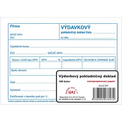 Igaz 897 Výdavkový pokladničný doklad pre jedn.účt. samopr.