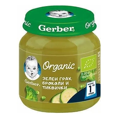 Gerber - Пюре Organic зелен грах броколи и тиквички 4 месец 125 гр