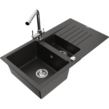 Mexen Matias гранитна мивка с 1, 5 камери с отцедник и кухненски смесител Duero, черен/златен металик - 6502-75-671600-00 (6502-75-671600-00)