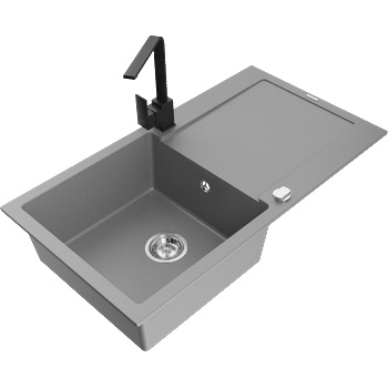 Mexen Leo гранитна кухненска мивка с 1 корито и сушилник и кухненски смесител Rita, сив - 6501-71-670300-70 (6501-71-670300-70)