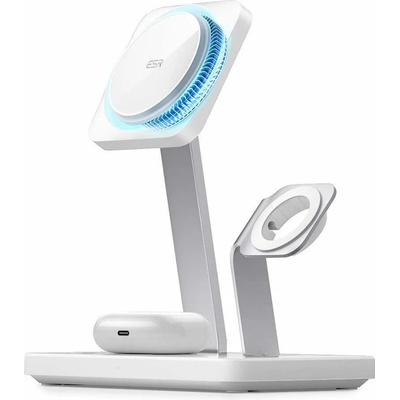 esr HaloLock 3-in-1 CryoBoost Magnetic MagSafe Wireless Charger - тройна поставка (пад) за безжично зареждане за iPhone с Magsafe, Apple Watch, AirPods Pro и Qi съвместими устройства (бял)