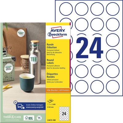 Avery-Zweckform L3415-100 Ø 40 mm papier biela 2400 ks trvalé univerzálne etikety atrament, laser, kópie