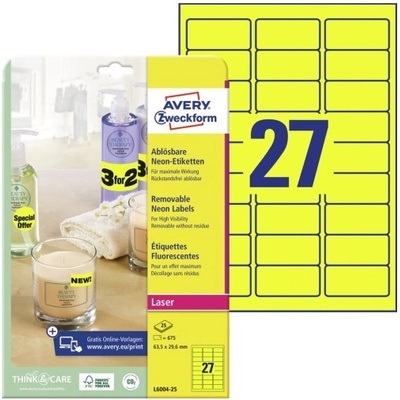 Avery Neonové L6004-25 A4 63,5 x 29,6 mm žluté 25 listů
