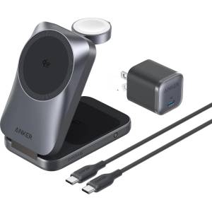 Anker Anker Prime 3в1 безжично зарядно, AirCool Qi 2.2, 25W, MagGo, черен/сив (B25N1G11)