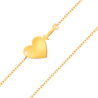 Šperky eshop Náramok v žltom zlate 585 tenká ligotavá retiazka lesklé ploché srdce a šíp GG159.22