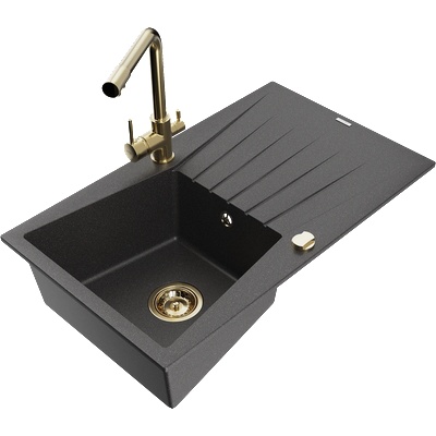 Mexen Cesar гранитна кухненска мивка с 1 отделение и отцедник с кухненски смесител Duero, черен с пръски - 6514-76-671600-50 (6514-76-671600-50)