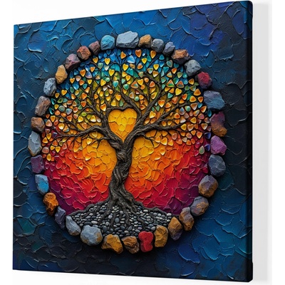 Obraz na plátně - Strom života Sluneční srdce s kamínky FeelHappy.cz Velikost obrazu (šířka x výška): 100 x 100 cm