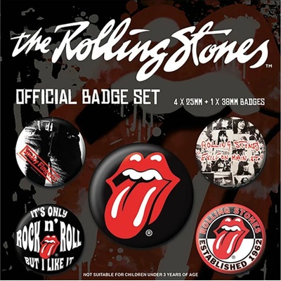CurePink placky The Rolling Stones 5 kusů 2,5 cm 3,8 cm