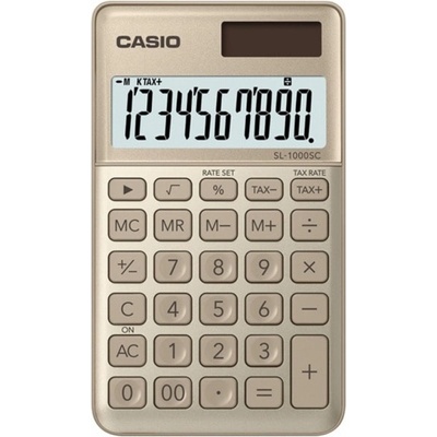 Casio Калкулатор Casio SL-1000SC, 10 разряден дисплей, джобен, изчисляване на %, бутон за бърза корекция, функция за запаметяване, златист (SL-1000SC-GD)