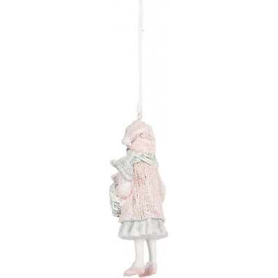 Růžová závěsná dekorace děvčátko ve svetříku držící věneček 5*4*11 cm Clayre & Eef