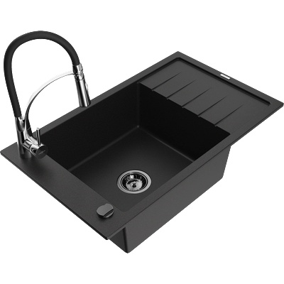 Mexen Elias гранитна мивка с 1 отделение с отцедник и кухненски смесител Aster, черен - 6511-77-73450-07-B (6511-77-73450-07-B)