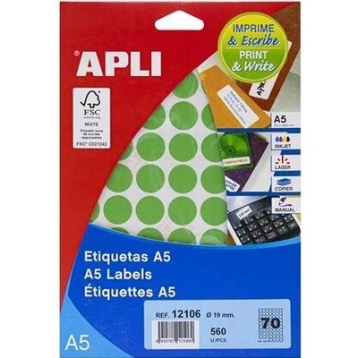 Etikety, okrúhle, priemer 19 mm, farebné, na liste formátu A5, APLI, zelené, 560 etikiet bal