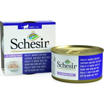 Schesir Cat Chicken & Beef Natural - Консерва за израснали котки с пилешки и говежди филенца в собствен сос с ориз, 85 гр. / 3 броя