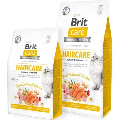 Brit Care Cat Grain-Free HAIR CARE HEALTHY AND SHINY COAT- Пълноценна суха храна за котки за красива козина и здрава кожа със 26% прясно месо от сьомга, 26% пилешко и зеленчуци-7 кг