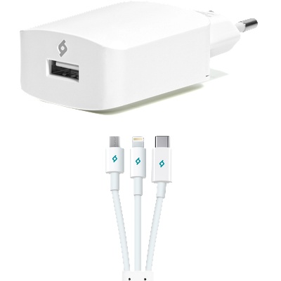 Ttec Зарядно 220 V ttec SpeedCharger Trio USB Travel Charger , 2.1A , Lightning , Micro USB and Type C Cables