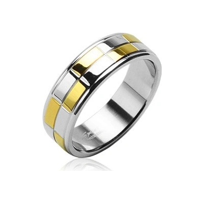 Šperky eshop ocelový snubní prsten se zlatými a stříbrnými lesklými obdélníky B3.3