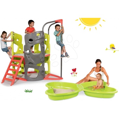 Smoby Set preliezačka Multi-Activity Tower na šplhanie so šmykľavkou+pieskovisko Motýľ s vodotryskom 2*95 l SM840201-3