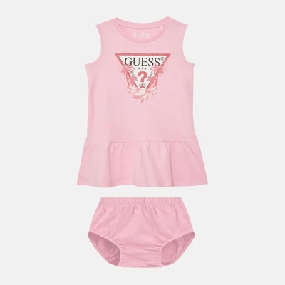 Guess Памучна рокля в розов цвят с лого и цветя за бебе момиче Guess