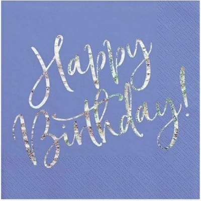 PartyDeco ubrousky Happy Birthday holografické modré 33x33cm 20ks