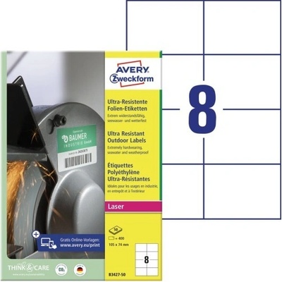 Avery Zweckform Etikety pro laser 50 listů, A4 bílé 105 x 74 mm ultra odolné vůči počasí B3427-50