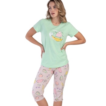 Image 1 of Дамска пижама в зелено и цвят пудра с апликация плодове