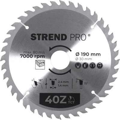 Strend Pro pílový kotúč TCT 190x2.4x30/20 mm 40T na drevo SK plátkami