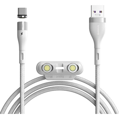 Baseus Кабел Baseus Zinc Magnetic Safe Fast Charging Data Cable (CA1T3-B02), от USB A(м) към Lightning(м)/USB C(м)/microUSB(м), магнитни накрайници, 1m, бял (CA1T3-B02 / 48159)