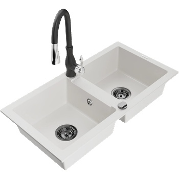 Mexen Mario гранитна мивка с 2 корита с кухненски смесител Savita, бял - 6504-20-672601-70 (6504-20-672601-70)