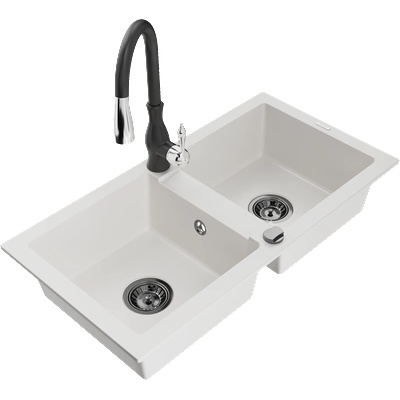 Mexen Mario гранитна мивка с 2 корита с кухненски смесител Savita, бял - 6504-20-672601-70 (6504-20-672601-70)