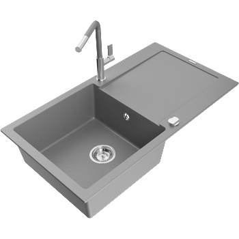 Mexen Leo гранитна кухненска мивка с 1 корито, отцедник и кухненски смесител Flora, сиво - 6501-71-670401-06 (6501-71-670401-06)